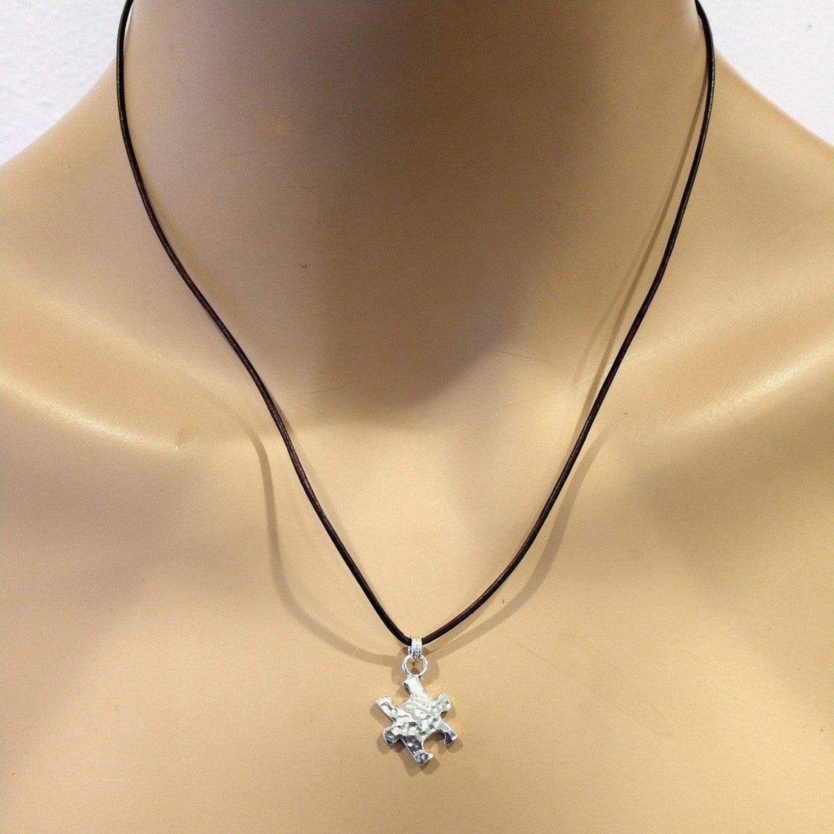 Sterling Silver Autism Awareness Puzzle Piece Leather Necklace