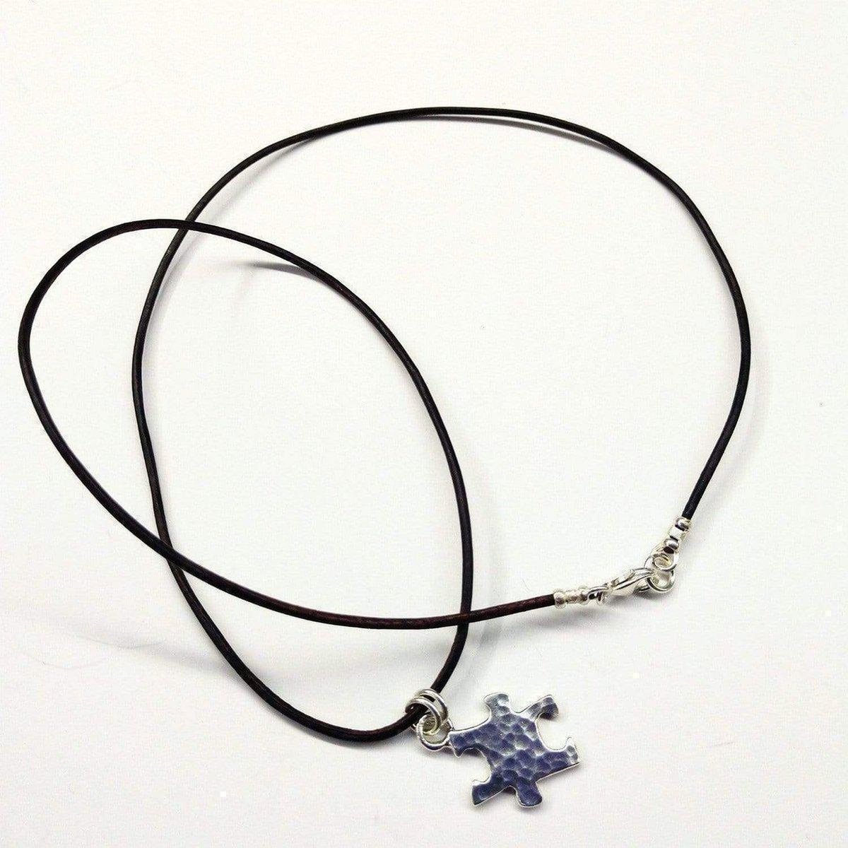 Sterling Silver Autism Awareness Puzzle Piece Leather Necklace